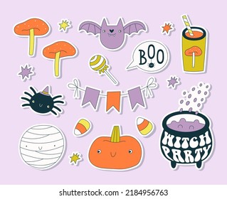 Vector set of cute halloween stickers. Cartoon characters and holiday attributes. Hand drawn bat, mummy, pumpkin, fly agaric, witch's cauldron, spider, candy, garland of flags, potion.
