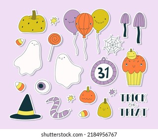 Vector set of cute halloween stickers. Cartoon characters and holiday attributes. Hand drawn pumpkin, balloons, ghost, mushroom, spider web, hat, snake, cake.