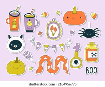 Vector set of cute halloween stickers. Cartoon characters and holiday attributes. Hand drawn snake, pumpkin, cat, garland of flags, drink, picture, spider, fly agaric, potion, sweets.