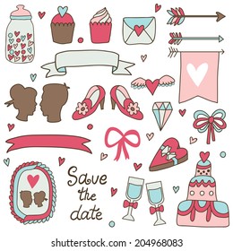 Vector set of cute hand drawing wedding elements:cakes, ribbons, frame, jar, flag, hearts, glasses, arrows, bows. Romantic collection.