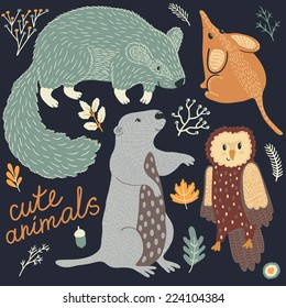 Vector set of cute hand drawing forest animals: mouse, marmot, gopher, owl and floral elements: leaves, branches, acorn and flowers.