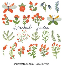 Vector set of cute hand drawing floral elements: branches, leaves, berries, flowers and butterflies on the white background. Big natural set. Botanical garden collection.