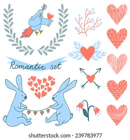 Vector set of cute hand drawing elements: wreath, hearts, floral elements, bird, bunny, ribbon. Bright decor elements. Romantic collection.