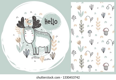 Vector set of cute hand drawn moose and seamless pattern with flowers. plants, mushrooms. Set for cards, textile, paper, invitations, baby shower, preschool and children room decoration