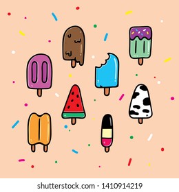 A vector set of cute hand drawn tasty popsicles. Perfect for t-shirt, greeting card, poster, stickers, invitation, icon.