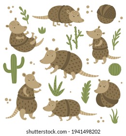 vector set of cute hand drawn armadillos, illustration for kids, animal image for children