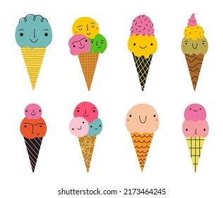 Vector set of cute hand drawn style ice cream cones. Colored ice creams cartoon characters with smiling faces. Funny happy doodles for kids, summer sweet food sticker collection 