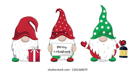 Vector Set of Cute hand drawn Christmas gnomes. Collection of stickers with colorful gnomes. Merry Christmas and happy new year