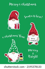  Vector Set of Cute hand drawn stickers with Christmas gnomes. Collection of stickers with colorful gnomes. Printable template a4 a5