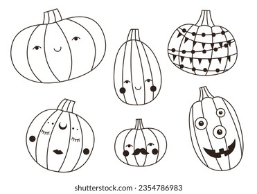 Vector set of cute hand drawn halloween pumpkins. Outline magic characters. Thanksgiving sketch elements for card, poster design. Autumn harvest collection