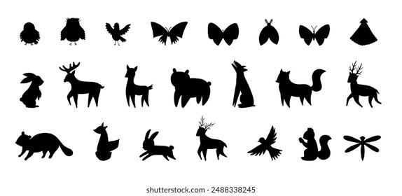 Vector set of cute hand drawn wild animals silhouettes. Woodland. Bear, wolf, fox, deer, elk, hare, squirrel, hedgehog, owl