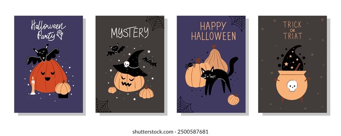 Vector set of cute hand drawn halloween cards. Magic collection of invitations in cartoon style, for halloween holiday with pumpkins, black cat, cauldron with potion