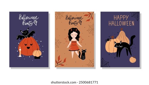 Vector set of cute hand drawn halloween cards. Magic collection of invitations in cartoon style, for halloween holiday
