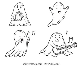 Vector set of cute hand drawn ghost with bow, singing, playing guitar, dancing and holding pumpkin in black isolated on white background. Sketch illustration in doodle engraved vintage line art style
