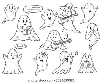 Vector set of cute hand drawn ghost with bow, singing, playing guitar, dancing and holding pumpkin in black isolated on white background. Sketch illustration in doodle engraved vintage line art style