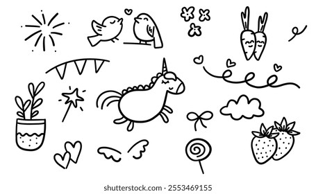 Vector set of cute hand drawn doodle unicorn, hearts, flowers, birds, clouds and other elements.