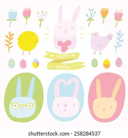 Vector set of cute hand drawn illustration for Easter celebration design. Happy Easter Day. Easter design elements in cartoon style.