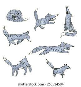 Vector set of cute hand drawn foxes, jumping,walking,sleeping,singing. Lovely animal collection. May be used as design element, greeting card, pattern, kids background