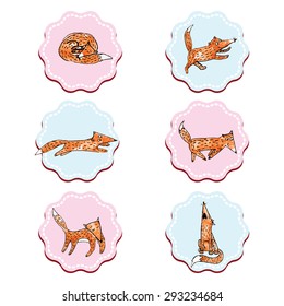 Vector set of cute hand drawn foxes, jumping,walking,sleeping,singing. Lovely animal collection. May be used as design element, greeting card, pattern, kids background, print.