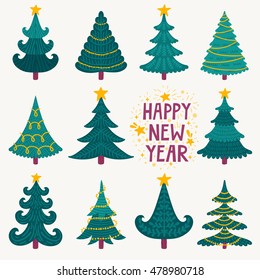 Vector set of cute hand drawn Christmas trees with stars and garlands. Collection of fir trees with Christmas decorations. Forest icons. Hand written wish "Happy New Year"