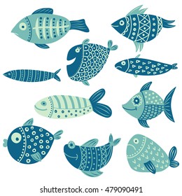 vector set of cute hand drawn fish on isolated background