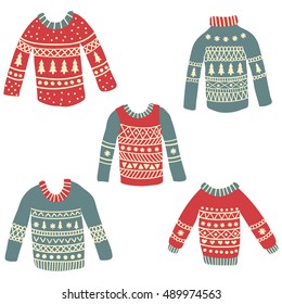 vector set of of cute hand drawn ugly Christmas sweaters on isolated background