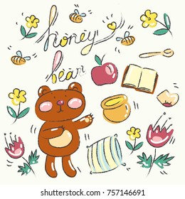 Vector set of cute hand drawn cartoon honey bear with honey jar, flowers, book and spoon