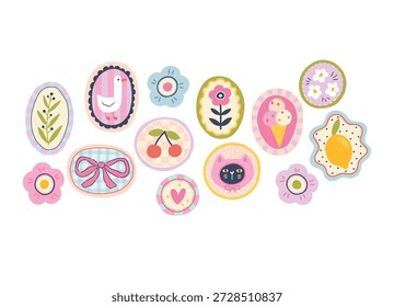 Vector set of cute hand-drawn ceramic charms and magical medallions. Minimalist groovy doodle collection with warm sunny mood for kids boho textile, clay pottery branding or childish stationery