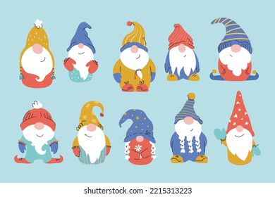 Vector set of cute hand-drawn dwarf, gnome characters