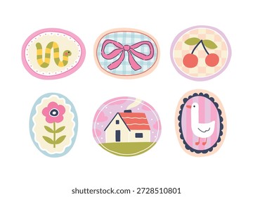 Vetor conjunto de bonitos adesivos desenhados à mão com lagarta, arco rosa, ganso, casa. Minimalista groovy doodle coleção crianças boho têxtil, embalagem de berçário, papelaria elegante ou impressão de tecido infantil