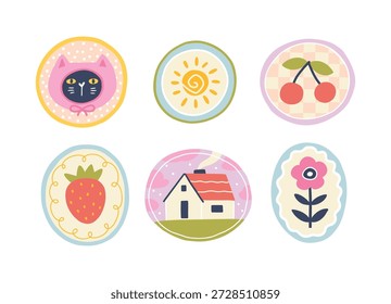 Conjunto de Vector de lindas pegatinas dibujadas a mano con gato, sol, cereza y casa. Minimalista groovy doodle colección para niños textil, embalaje de vivero, elegante boho papelería o impresión de tela infantil