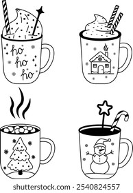 Vector set of cute hand-painted mugs for hot cocoa and coffee with cream. A set of cute mugs with contour painting.Christmas and winter drinks for packaging, fabric, labels, posters, wrapping paper.