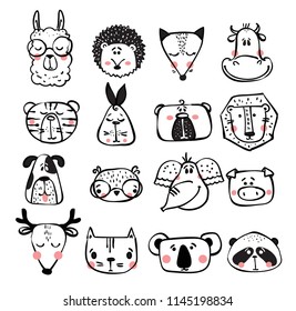 Vector set of cute happy animal faces for kid's interiors, banners and posters.