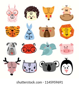 Vector set of cute happy animal faces for kid's interiors, banners and posters.