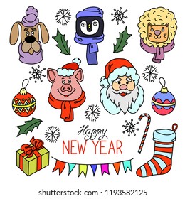 Vector set of cute happy animal faces and Santa Claus. Isolated elements christmas design for celebration cards