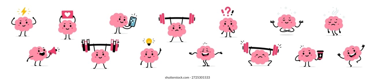 Conjunto de Vector de personaje de cerebro feliz lindo en diferente pose con barra y bombilla. Diseño plano del estilo del doodle del cerebro rosado fuerte e inteligente de la sonrisa con la pregunta. Colección de la ilustración
