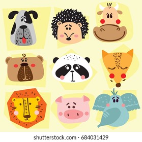Vector set of cute happy doodle colouful animal faces.Perfect for kid's interiors, banners and posters.