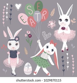 Vector Set of cute Happy Easter cartoon characters and design elements. Bunnies, Easter eggs, flowers, hearts. Spring illustration. Funny fashion rabbit.   