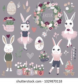 Vector Set of cute Happy Easter cartoon characters and design elements. Bunnies, Easter eggs, flowers, hearts. Spring illustration. Funny fashion rabbit.   