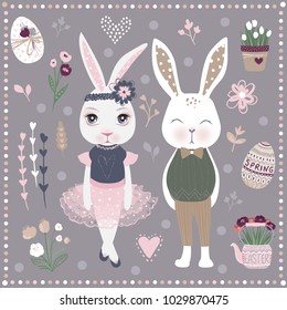 Vector Set of cute Happy Easter cartoon characters and design elements. Bunnies, Easter eggs, flowers, hearts. Spring illustration. Funny fashion rabbit.   