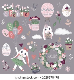 Vector Set of cute Happy Easter cartoon characters and design elements. Bunnies, Easter eggs, flowers, hearts. Spring illustration. Funny fashion rabbit.   