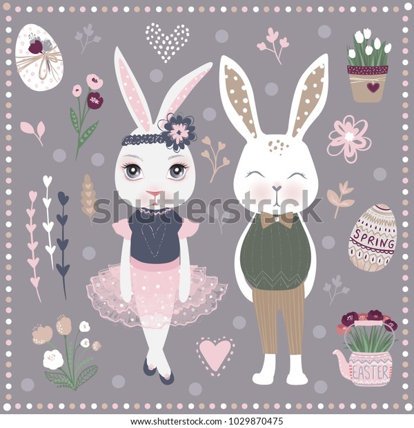 Vector Set of cute Happy Easter\
cartoon characters and design elements. Bunnies, Easter eggs,\
flowers, hearts. Spring illustration. Funny fashion rabbit.  \
