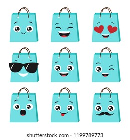 Vector set of cute and happy shopping bags for sale banners, flyers, posters