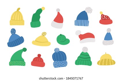 Vector set of cute hats. Funny collection of warm head clothes. Autumn or winter accessory icons pack. 
