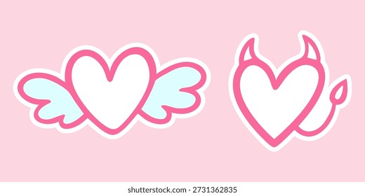 Conjunto de vetor de autocolantes de coração bonito com asas de anjo e chifres de diabo. Corações de rabiscos desenhados à mão em rosa e branco para o Dia dos Namorados, cartões de felicitações românticos, estética y2k e impressões de roupas da moda.