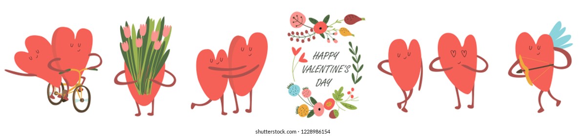 Vector set of cute hearts in cartoon style. Valentine's day card.