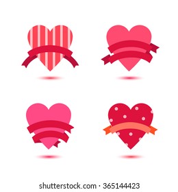 Vector set of cute hearts with ribbons, heart badges, st Valentine's icons, ideas. Love, wedding banners