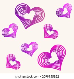 Vector set of cute hearts for valentines day. Heart with lines inside. For pattern, card and icon.