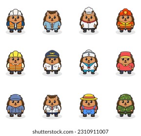 Vector set of cute Hedgehog with different professions. Cartoon cute Hedgehog dressed in different occupation uniform. Vector characters with jobs different occupation.