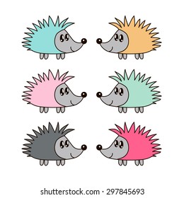 Vector set of cute hedgehog. Pink, yellow, green, blue and grey colors.